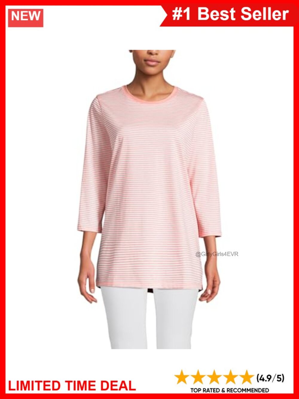 Supima Cotton Crewneck Tunic 3/4 Sleeve Relaxed Fit Below-Hip